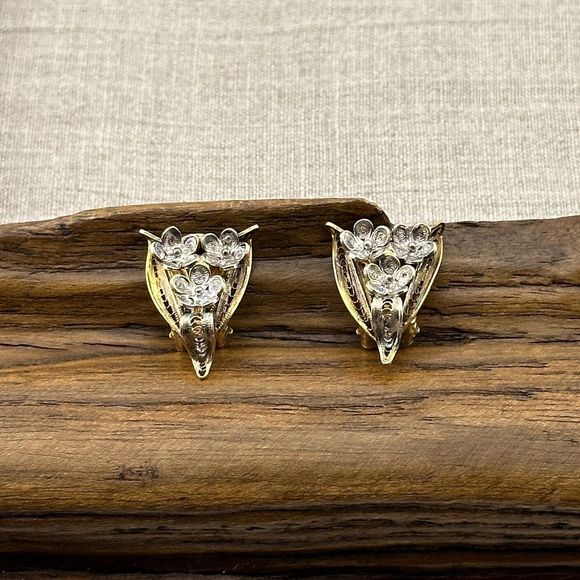 Vintage Vermeil Filigree Flowers Clip On Earrings Silver Gold Cannetille 7/8" L - Picture 12 of 15